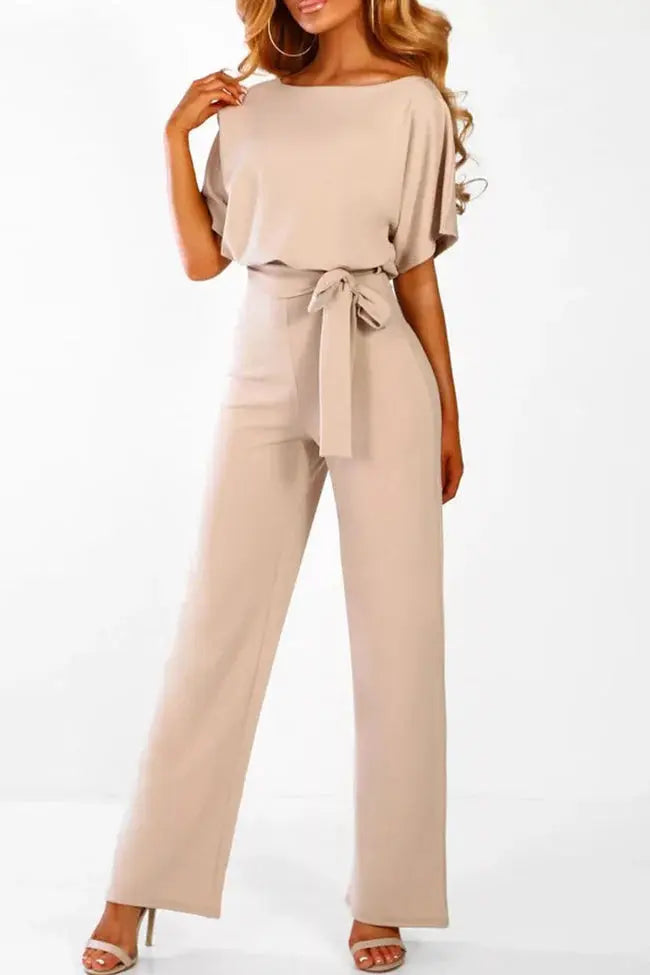 Women’s Short Sleeve Belted Jumpsuit – Elegant Wide-Leg One-Piece