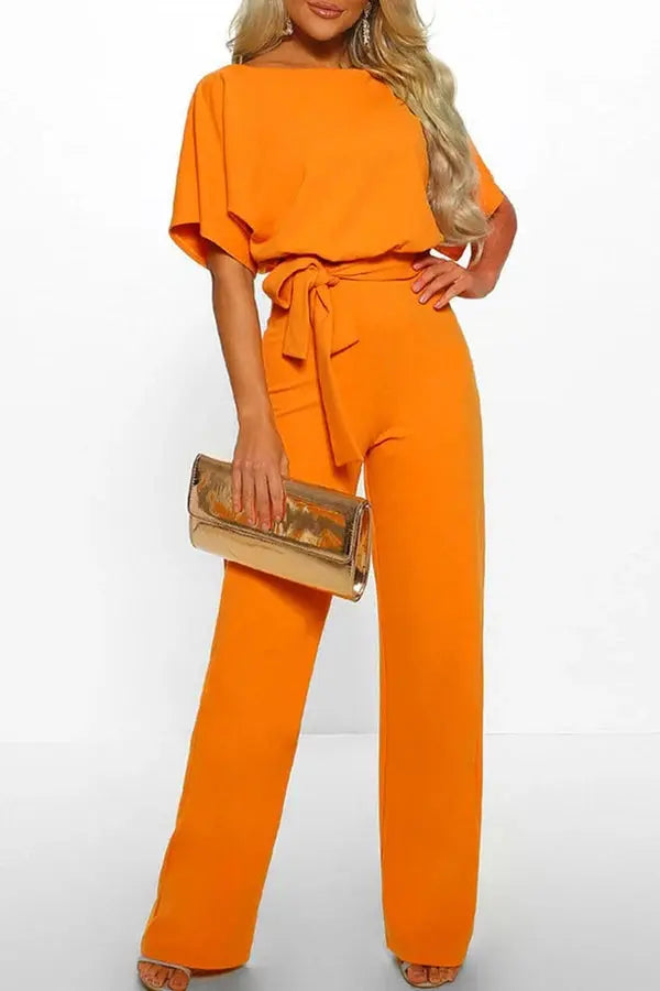 Women’s Short Sleeve Belted Jumpsuit – Elegant Wide-Leg One-Piece