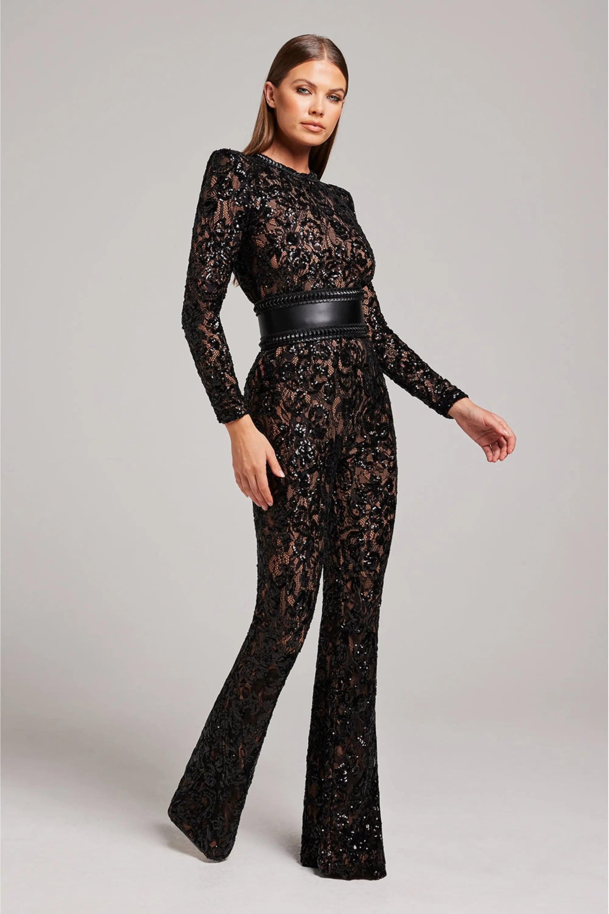Women’s Black Lace Jumpsuit – Long Sleeve Flared Leg Evening Outfit