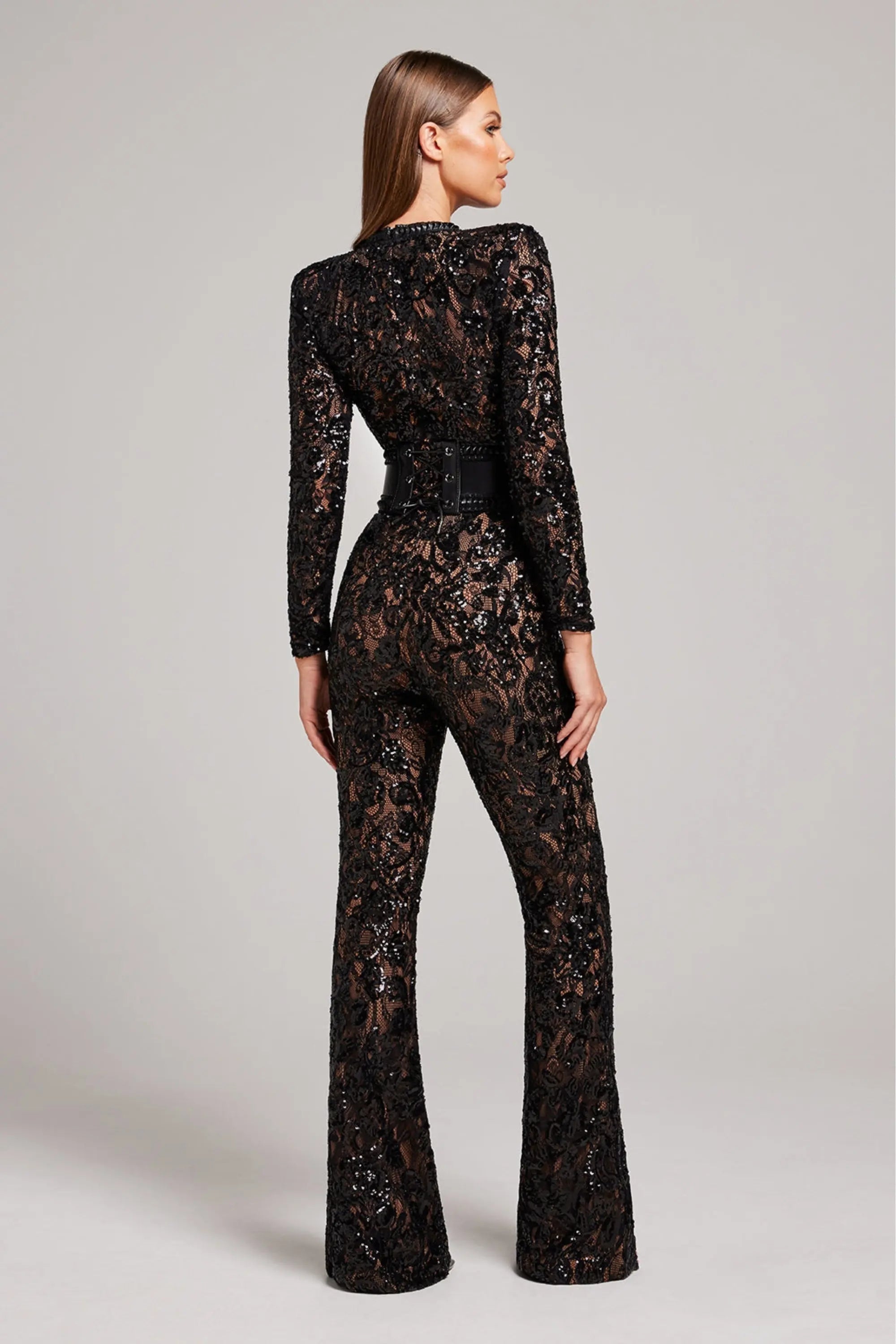 Women’s Black Lace Jumpsuit – Long Sleeve Flared Leg Evening Outfit