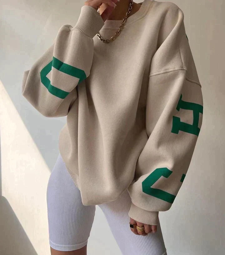 Women’s Cropped Varsity Jumper – Cream Knit with Green Letter Print