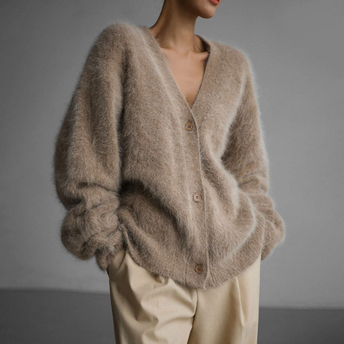 Soft Grey Fluffy Knit Cardigan – Luxury Oversized Sweater for Women