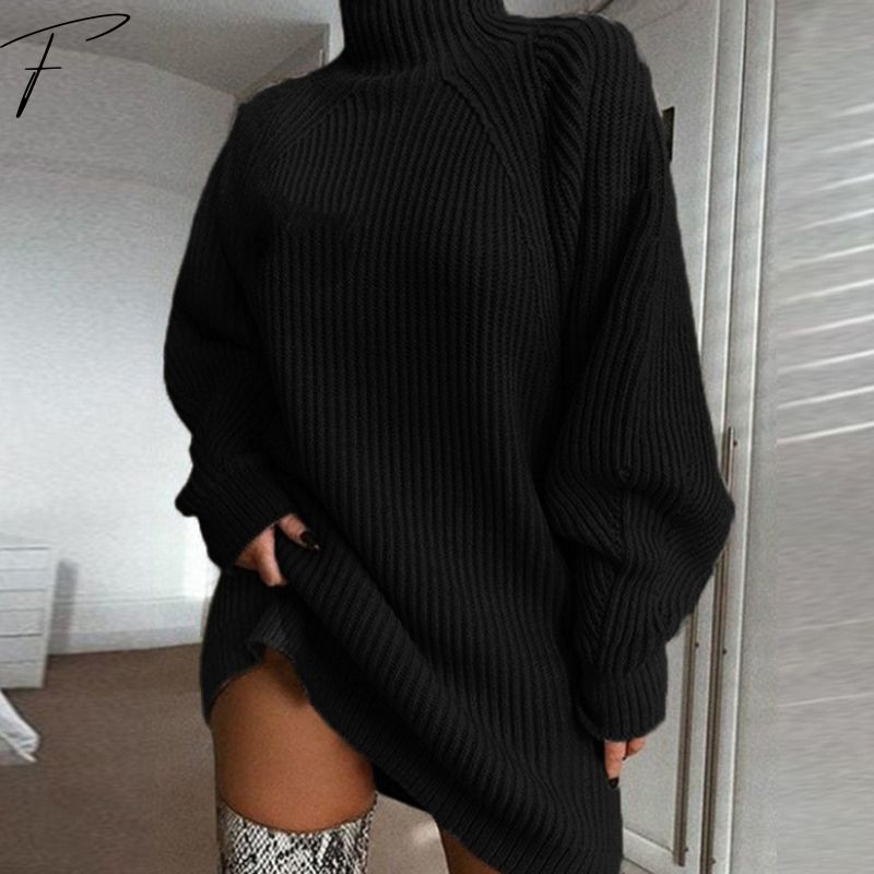 Ribbed Knit Sweater Dress for Women – Long Sleeve, Asymmetric Hem, Mini Fit