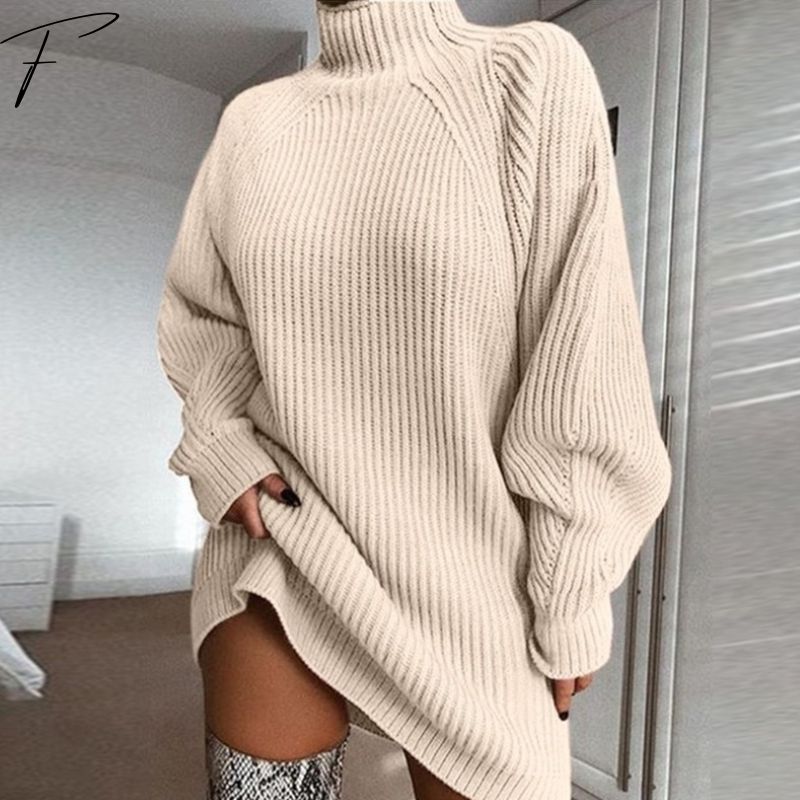 Ribbed Knit Sweater Dress for Women – Long Sleeve, Asymmetric Hem, Mini Fit