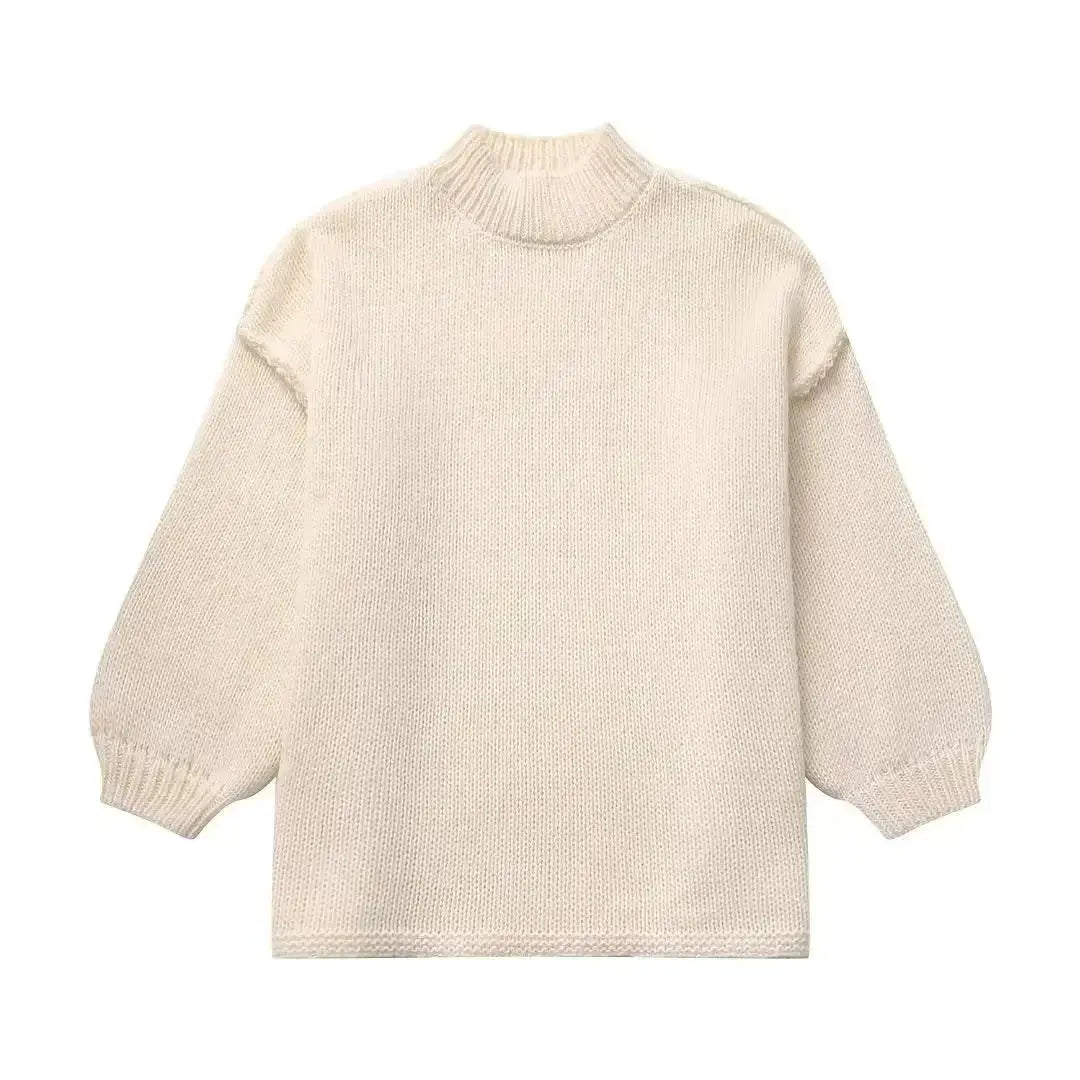 Women’s Oversized Beige Jumper with Balloon Sleeves – Casual Knitwear
