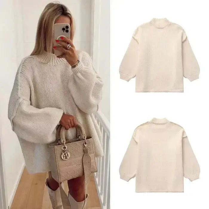Women’s Oversized Beige Jumper with Balloon Sleeves – Casual Knitwear