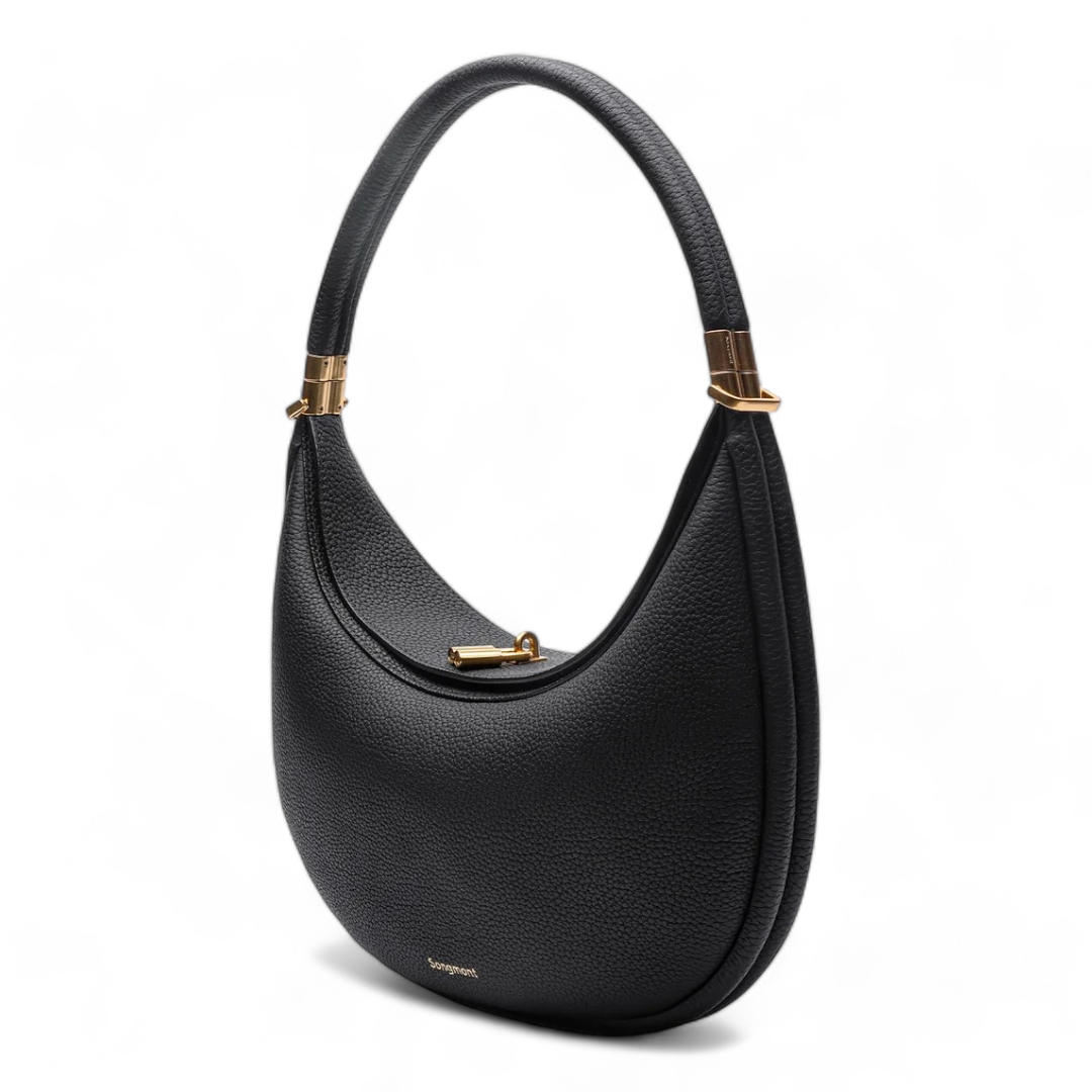 Black Leather Crescent Shoulder Bag with Gold Hardware