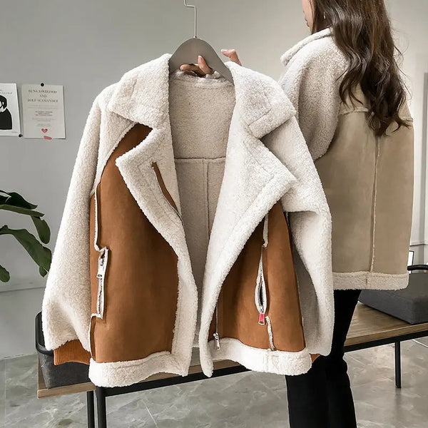 babao Women's Suede Sherpa Long Coat Ladies Faux Suede Fleece Long
