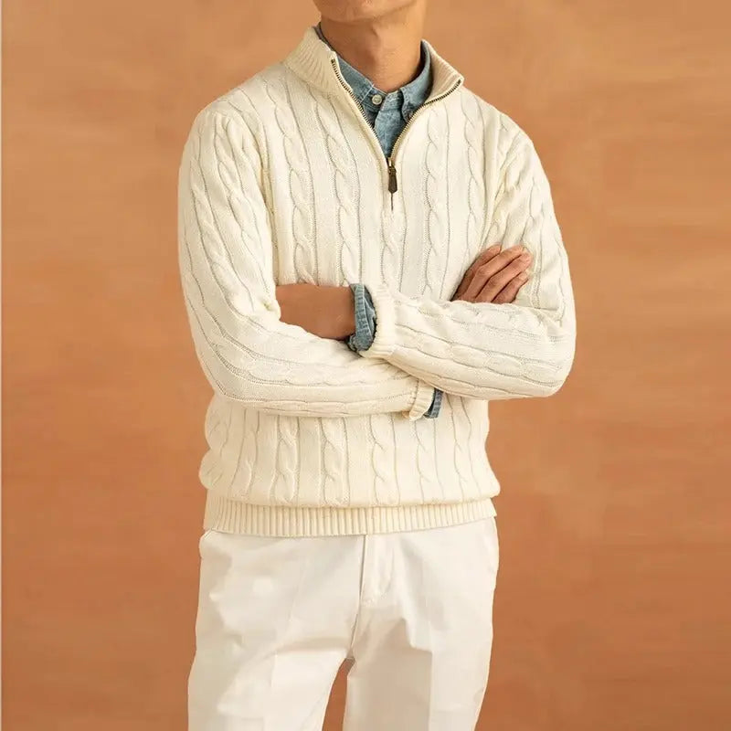 Men’s Cable-Knit Half-Zip Sweater – Warm Pullover with Stand Collar Nuvella-Lane
