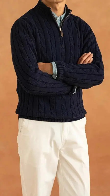 Men’s Cable-Knit Half-Zip Sweater – Warm Pullover with Stand Collar Nuvella-Lane