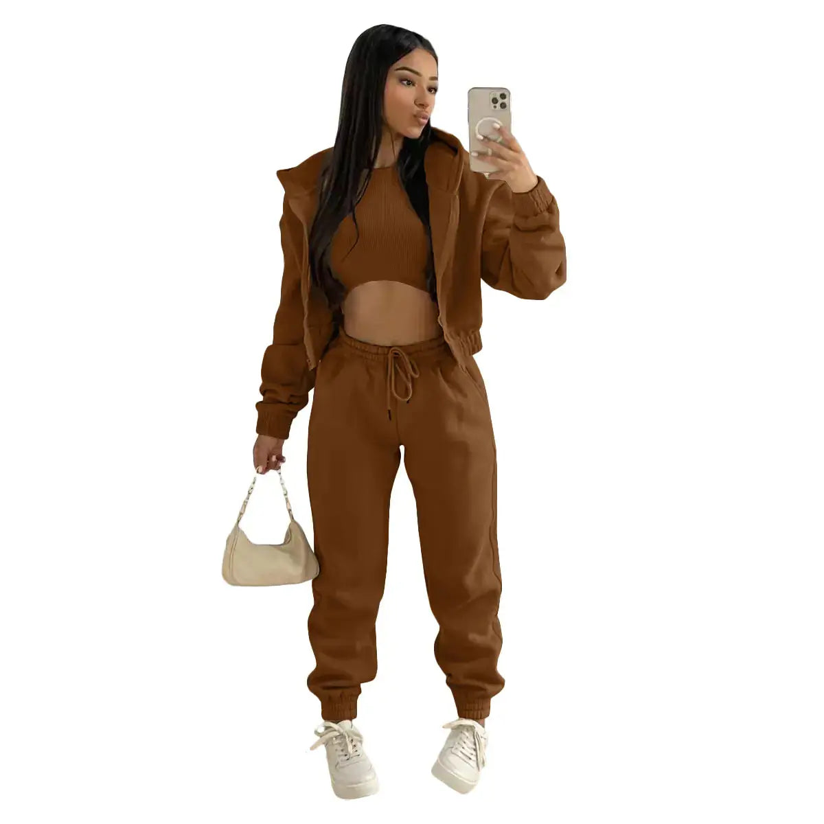 Women’s Three-Piece Tracksuit Set – Cream Bomber Jacket, Crop Top and Joggers