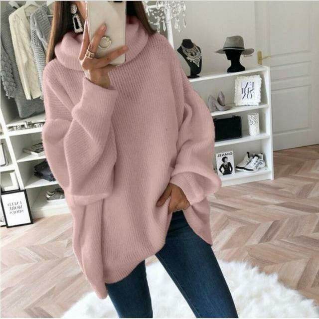 Oversized Camel Knit Sweater with Turtleneck – Women