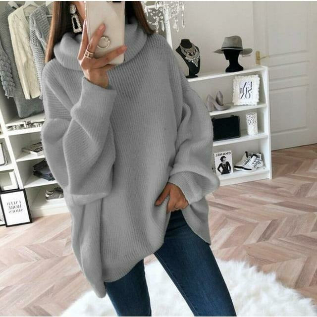 Oversized Camel Knit Sweater with Turtleneck – Women