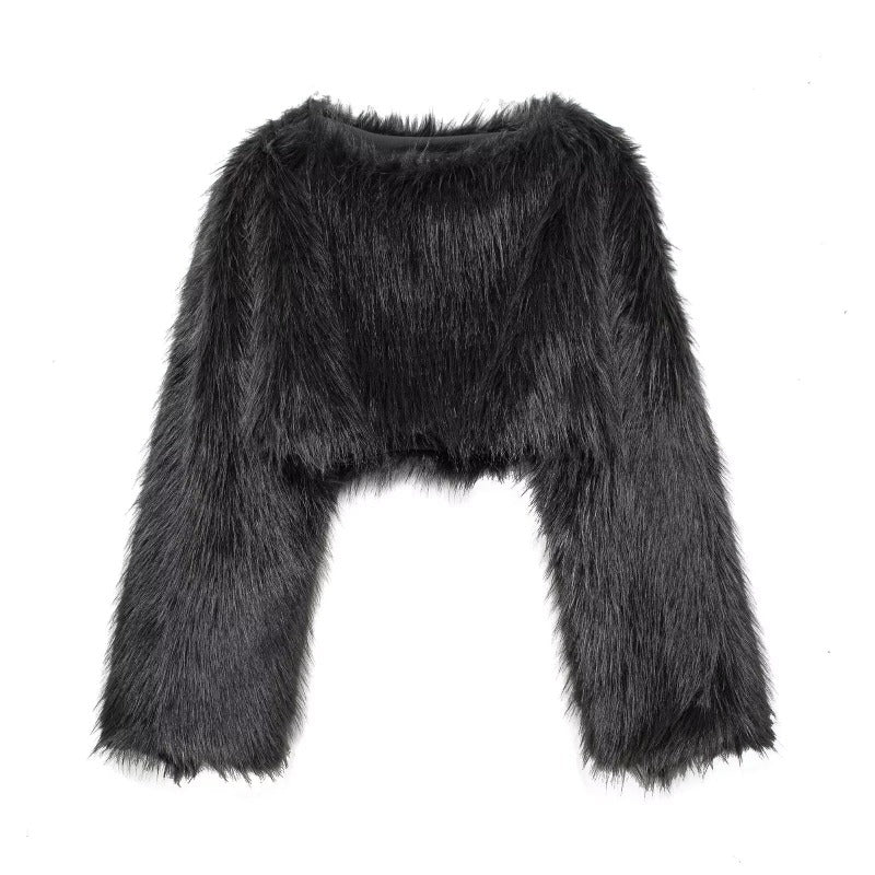 Women's Cropped Faux Fur Top – Long Sleeve Fluffy Jacket Style