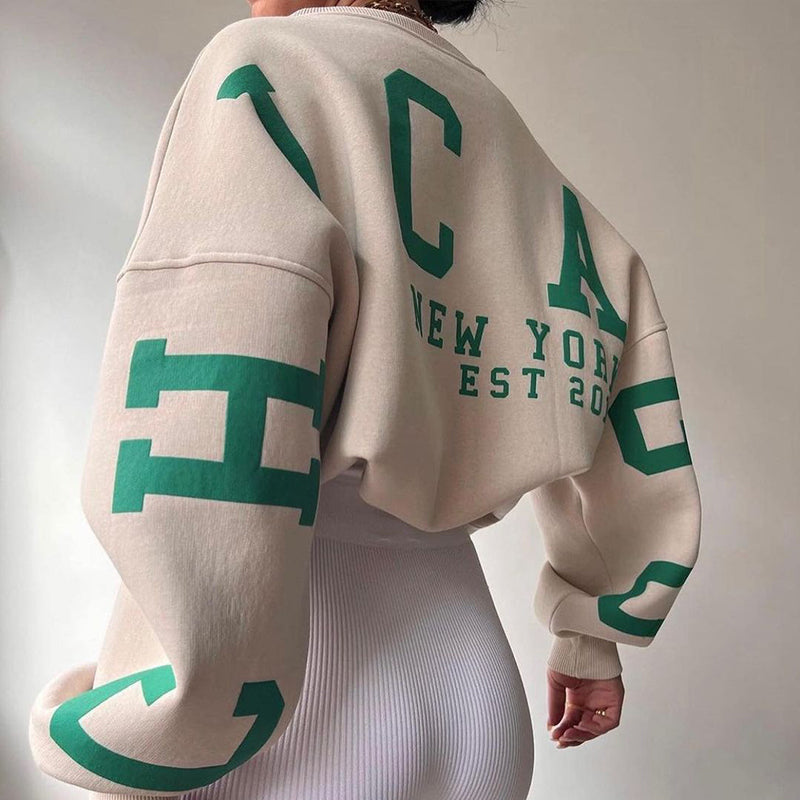 Women’s Cropped Varsity Jumper – Cream Knit with Green Letter Print