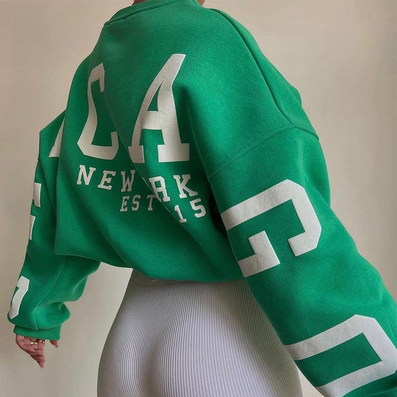 Women’s Cropped Varsity Jumper – Cream Knit with Green Letter Print