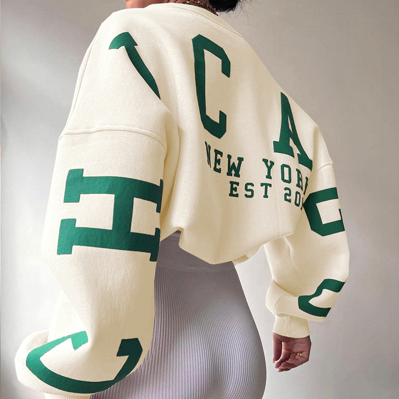 Women’s Cropped Varsity Jumper – Cream Knit with Green Letter Print