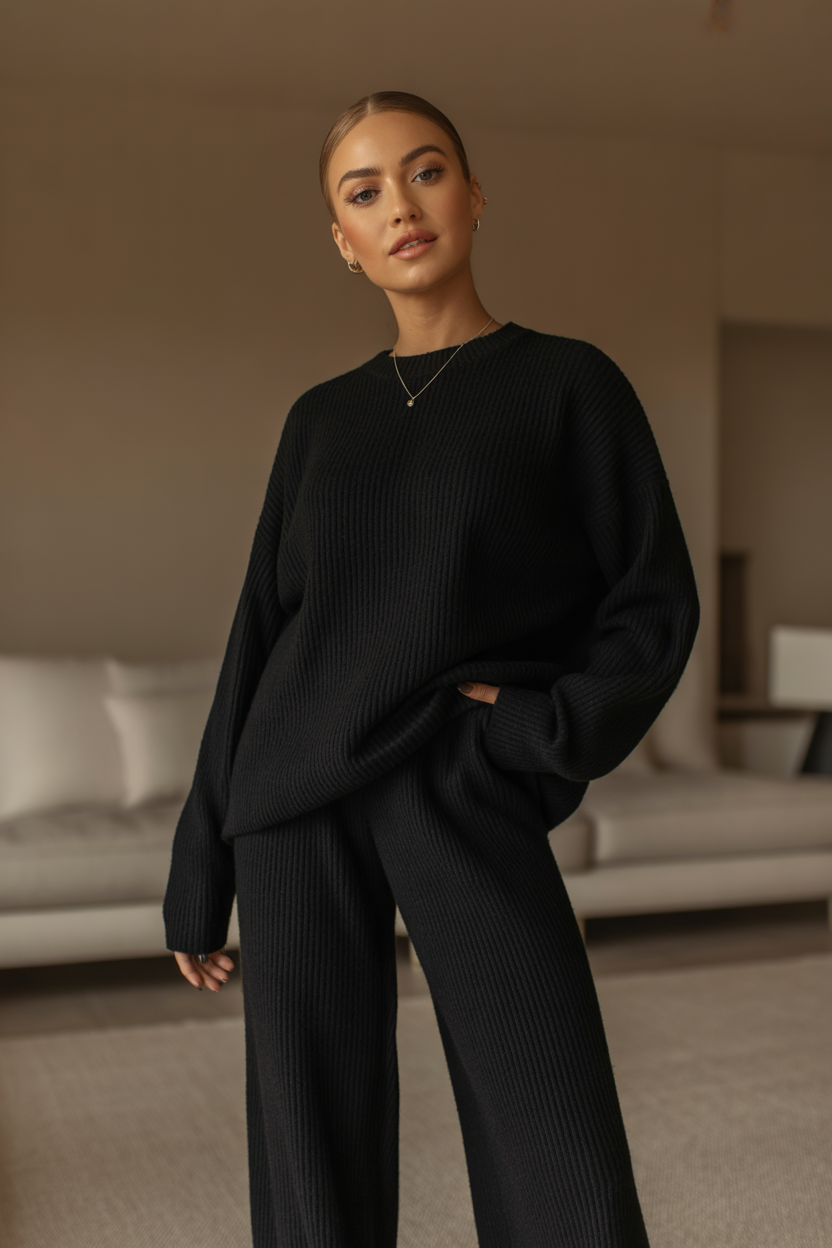 Women's Black Loungewear Set – Oversized Knit Top & Wide-Leg Pants