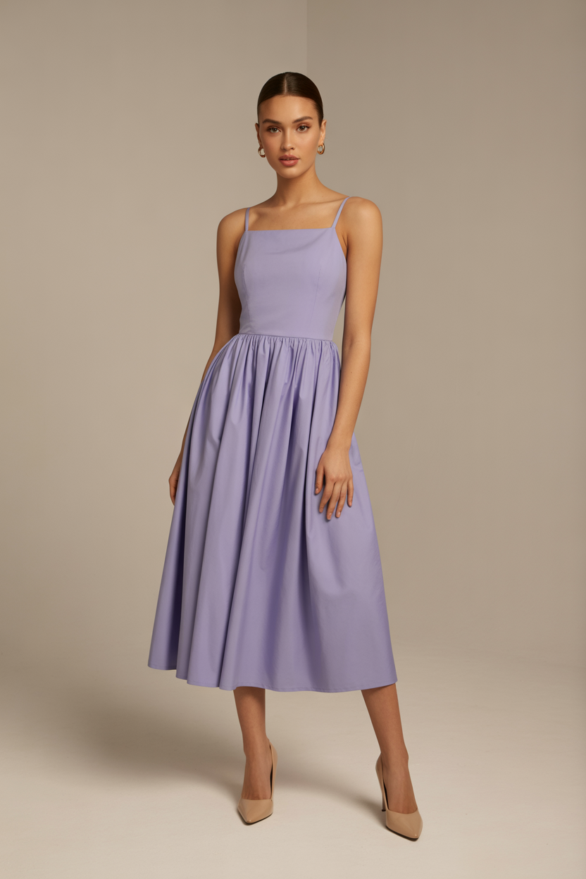 Soft pink cotton maxi dress with square neckline and gathered skirt