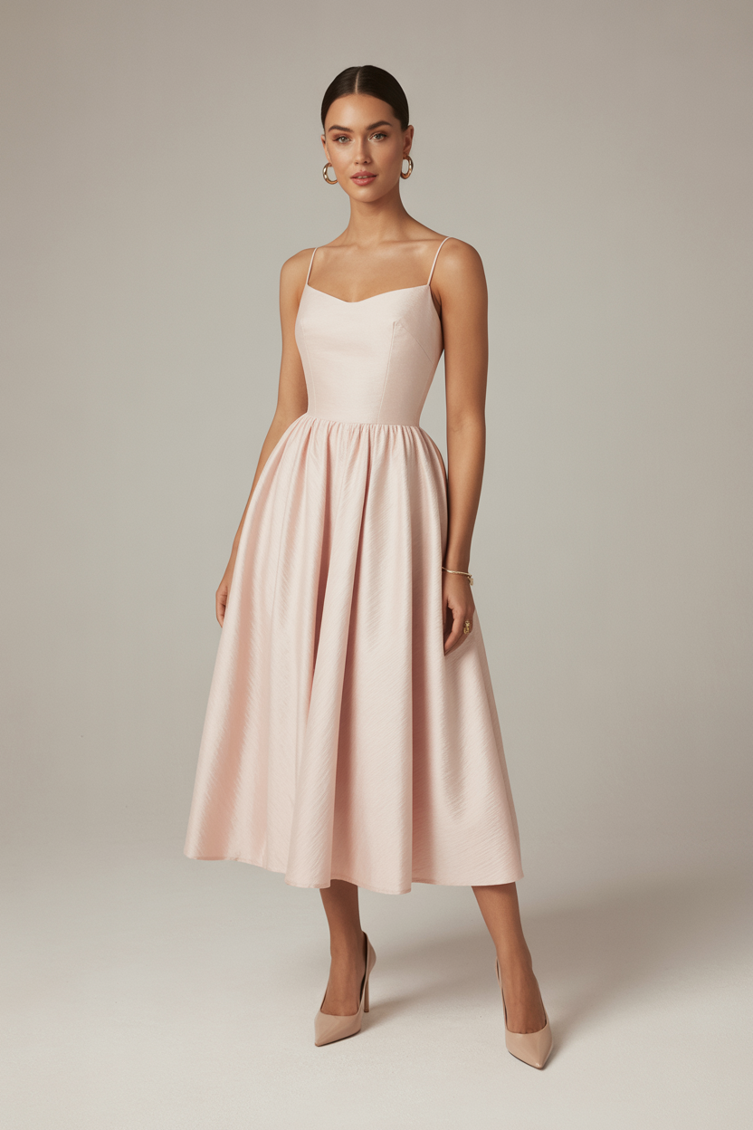 Soft pink cotton maxi dress with square neckline and gathered skirt