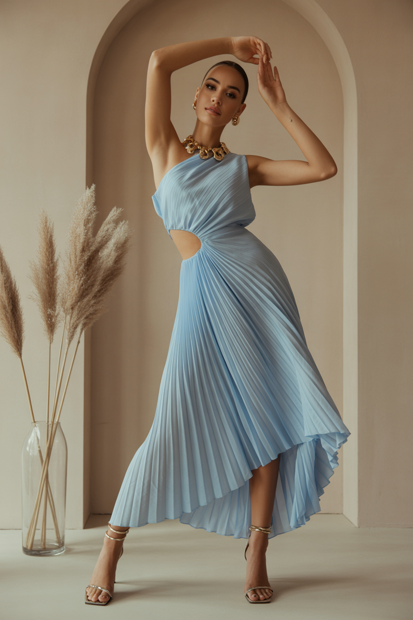 Light blue one-shoulder pleated evening gown with knotted waist