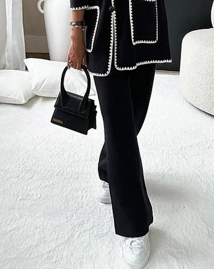 Women’s Two-Piece Set – Cream Button-Up Top and Wide-Leg Trousers with Black Trim